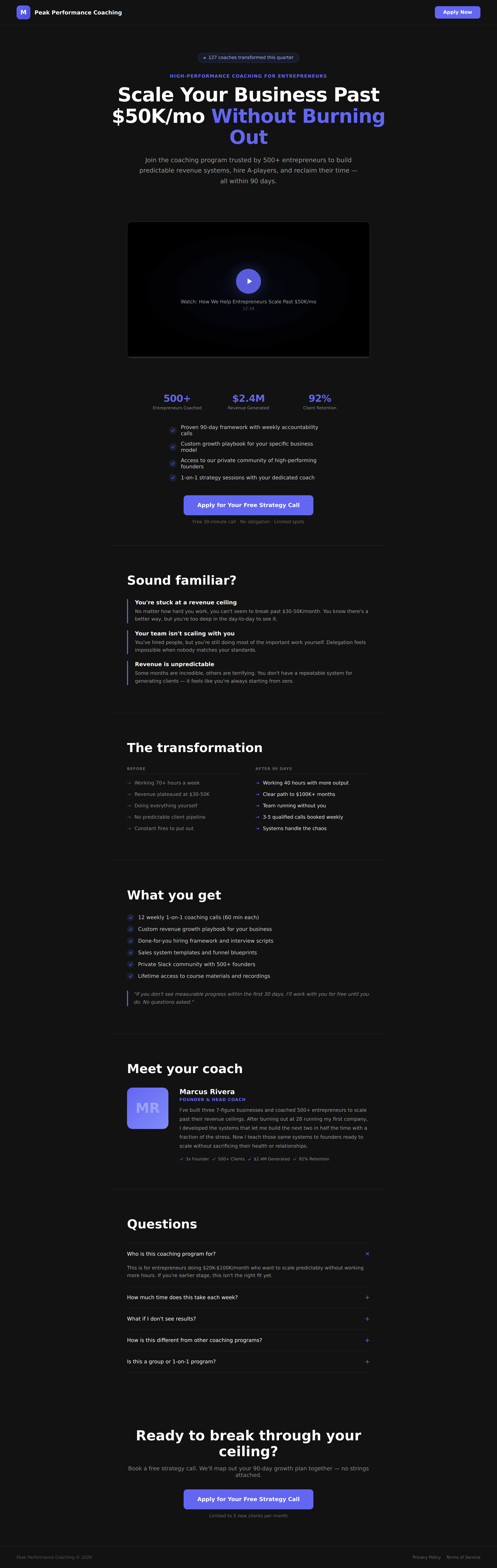 AI-generated coaching funnel landing page